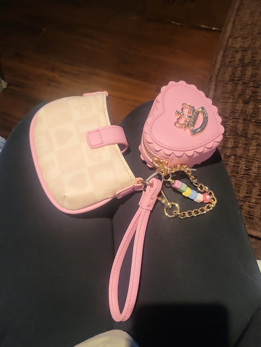 Juicy Couture 2 Piece Pink Heart & Branded Coin Purse Keychain/ Wristlet